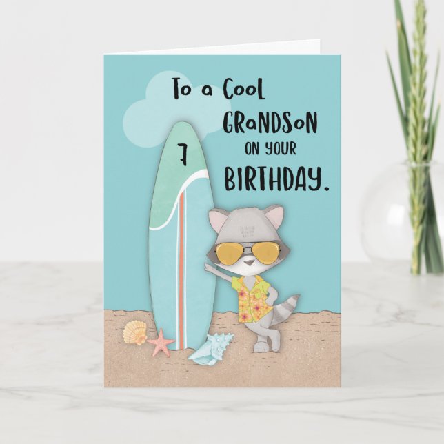 Age 7 Grandson Birthday Beach Funny Cool Racoon  Card (Front)