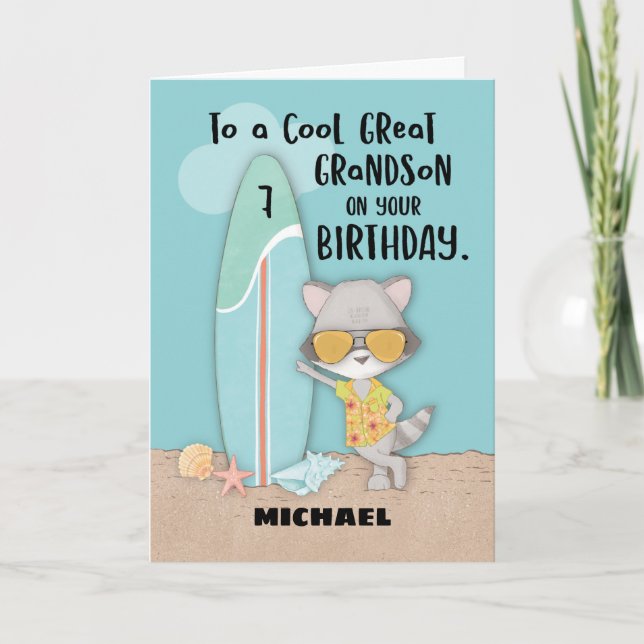 Age 7 Great Grandson Birthday Beach Funny Racoon Card (Front)