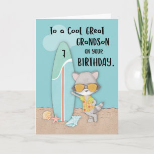 Age 7 Great Grandson Birthday Beach Funny Racoon Card