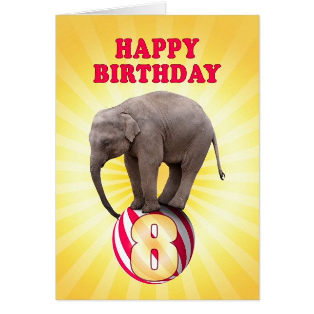 Age 8, a happy elephants birthday card (Front)