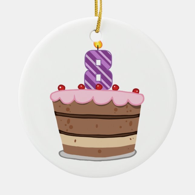 Age 8 on Birthday Cake Ceramic Tree Decoration (Front)