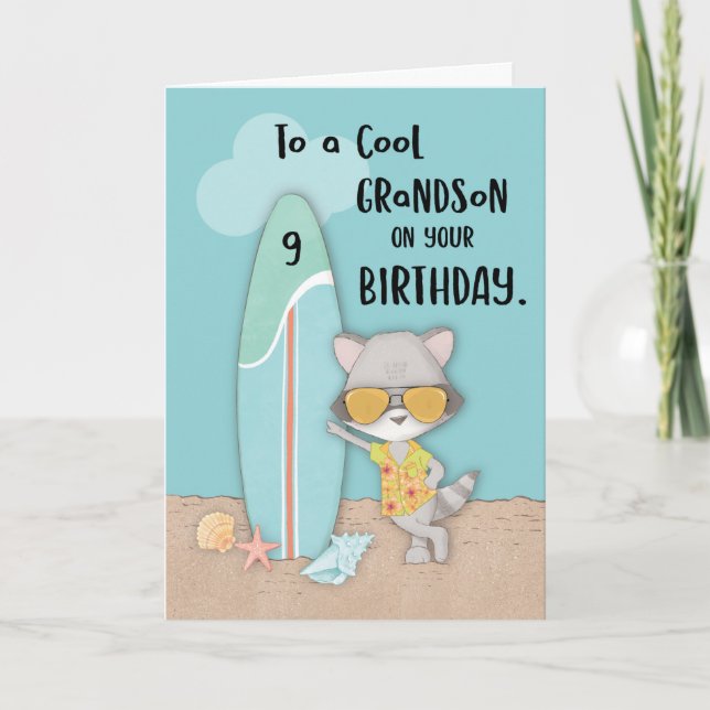 Age 9 Grandson Birthday Beach Funny Cool Racoon  Card (Front)