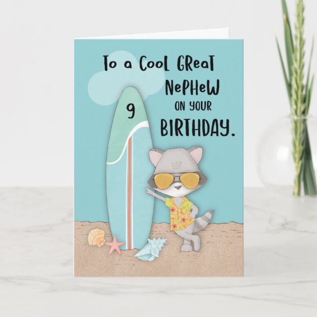 Age 9 Great Nephew Birthday Beach Funny Racoon Card (Front)