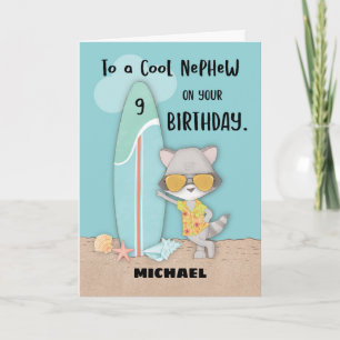 Age 9 Nephew Birthday Beach Funny Cool Racoon  Card