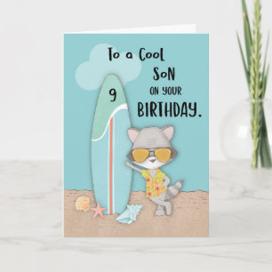 Age 9 Son Birthday Beach Funny Cool Racoon Card
