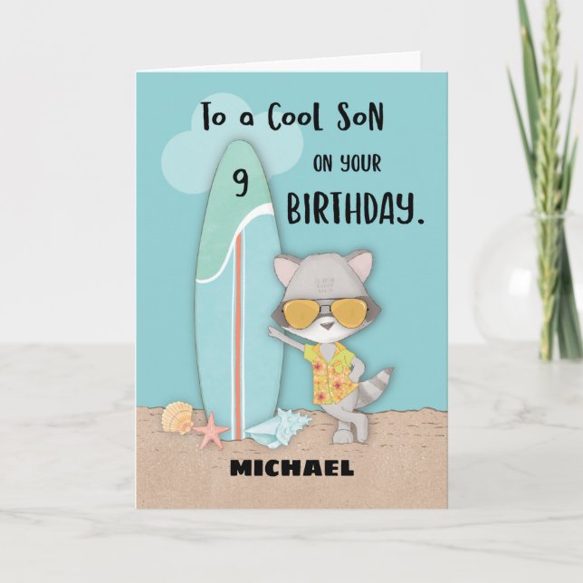 Age 9 Son Birthday Beach Funny Cool Racoon Card (Front)