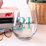 Age and Name Birthday Stemless Wine Glass<br><div class="desc">Personalised birthday stemless wineglass featuring the persons age in a teal blue,  which can be changed to any colour,  and their name in a elegant script font.</div>