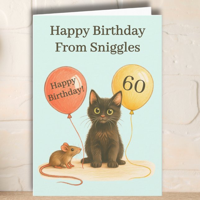 Age ballons, cat & mouse, milestone birthday card (Creator Uploaded)