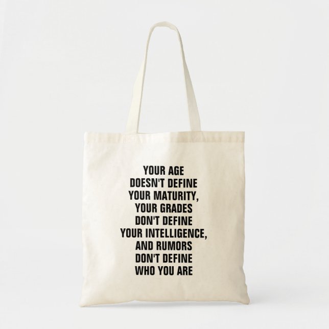 Age, grades, rumours tote bag (Front)