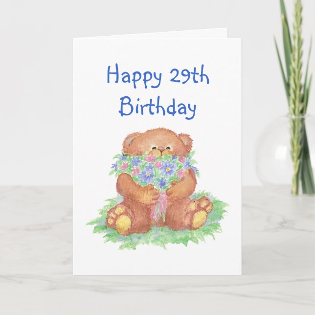 Age Humor 29th Birthday, Cute Teddy Bear Flowers Card (Front)