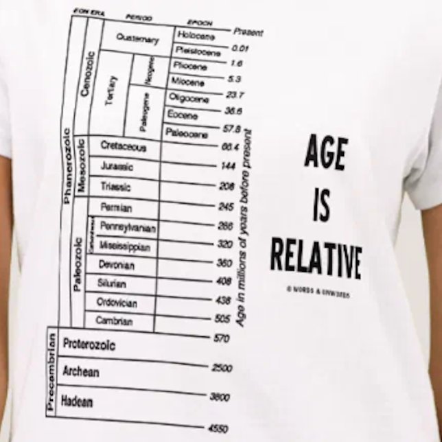 Age Is Relative (Geological Time Humour) T-Shirt (Geological time attitude tee featuring eons, epochs, periods & scientific advice "Age Is Relative")