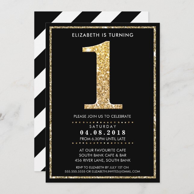 AGE NUMBER INVITE modern 1 gold glitter black (Front/Back)