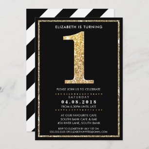 AGE NUMBER INVITE modern 1 gold glitter black