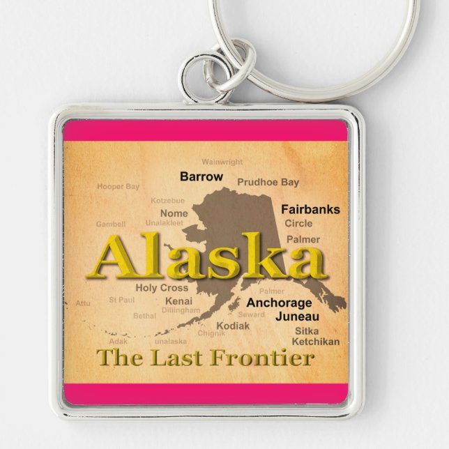 Aged Alaska Map Silhouette Key Ring (Front)