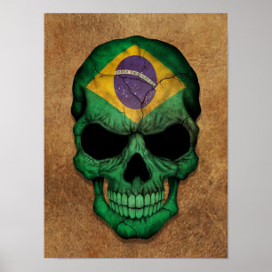 Aged and Worn Brazilian Flag Skull Poster
