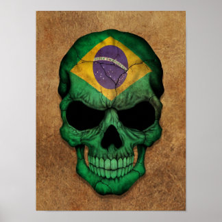 Aged and Worn Brazilian Flag Skull Poster