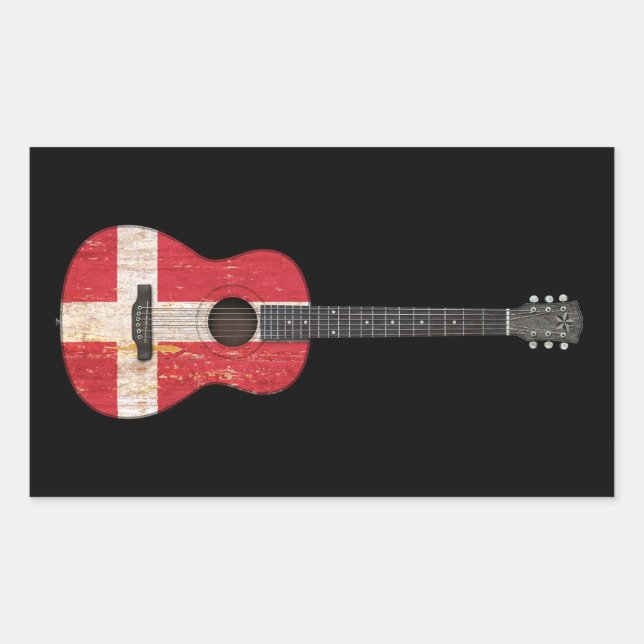 Aged and Worn Danish Flag Acoustic Guitar, black Rectangular Sticker (Front)