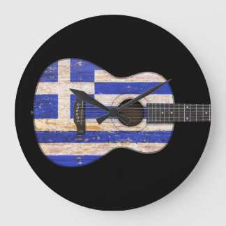 Aged and Worn Greek Flag Acoustic Guitar, black Large Clock