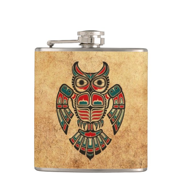 Aged and Worn Haida Spirit Owl Hip Flask (Front)