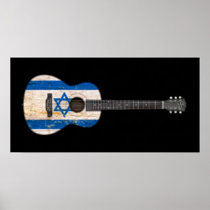 Aged and Worn Israeli Flag Acoustic Guitar, black Poster