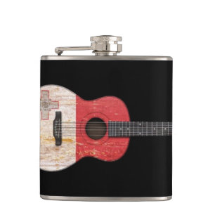Aged and Worn Maltese Flag Acoustic Guitar, black Hip Flask