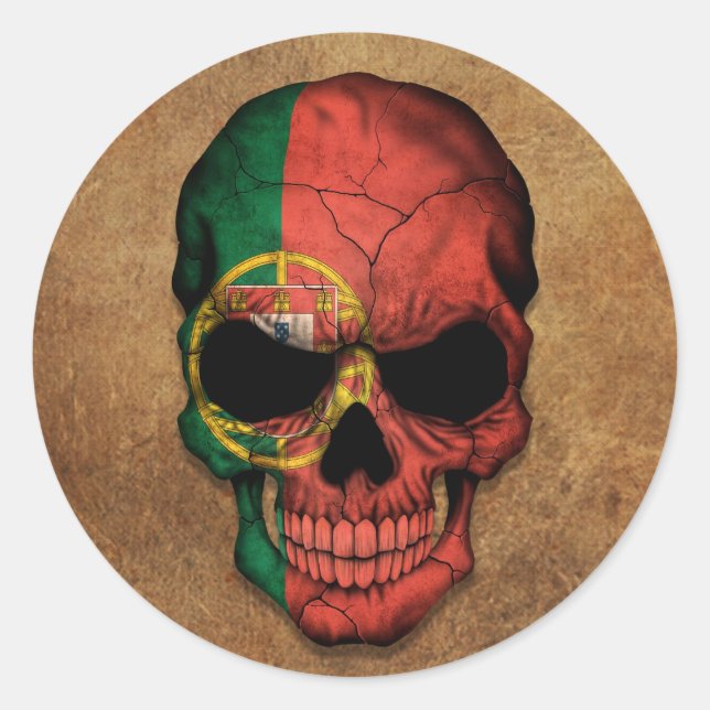Aged and Worn Portuguese Flag Skull Classic Round Sticker (Front)