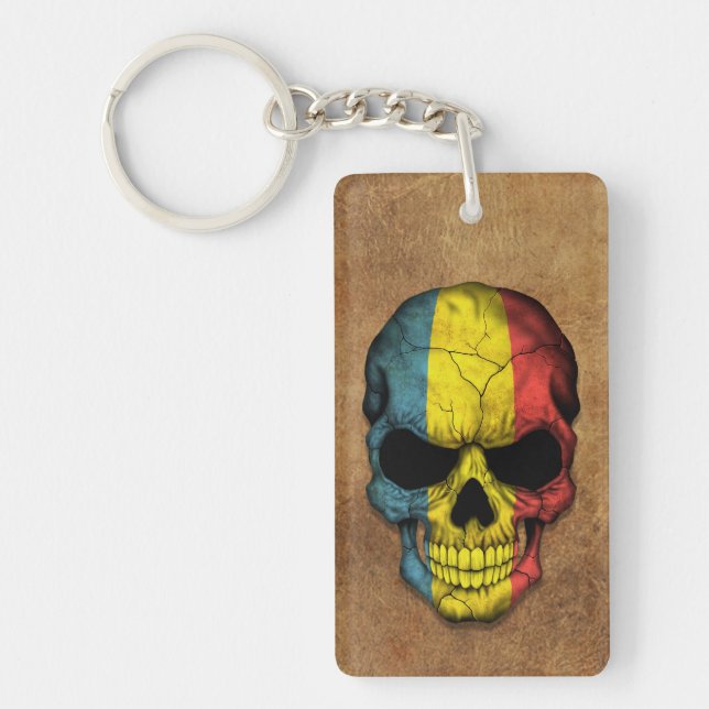 Aged and Worn Romanian Flag Skull Key Ring (Front)