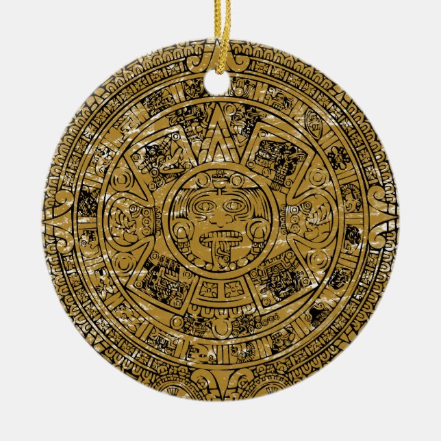 Aged Aztec Sun Stone Calendar Ceramic Tree Decoration (Front)