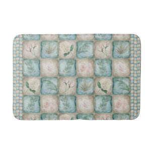 Aged Botanical Tile - Aqua and Bone Bath Mat