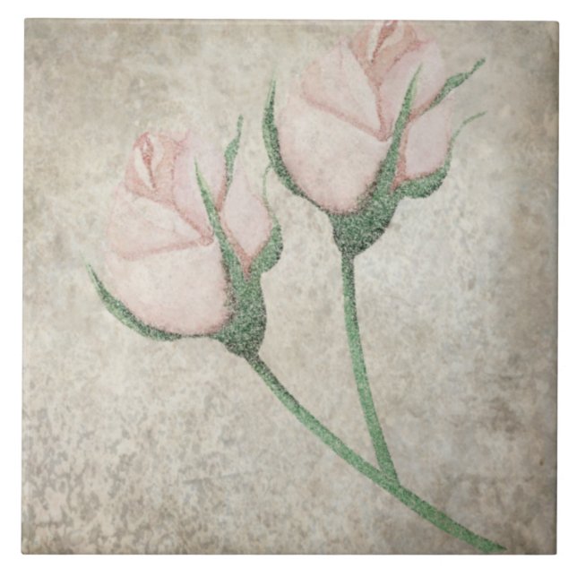 Aged Botanical Tile - Aqua and Bone V4  (Front)