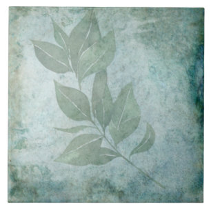 Aged Botanical Tile - Aqua and Bone V8