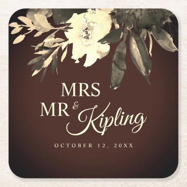 Aged Brown Dried Fall Florals Wedding Square Paper Coaster (Front)