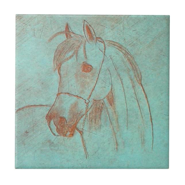 Aged Copper Engraved Horse Ceramic Tile (Front)
