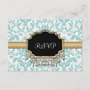 Aged Distressed Damask Golden Bling Look Wedding RSVP Card