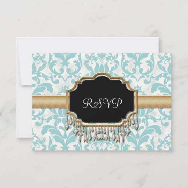 Aged Distressed Damask Golden Bling Look Wedding RSVP Card (Front)