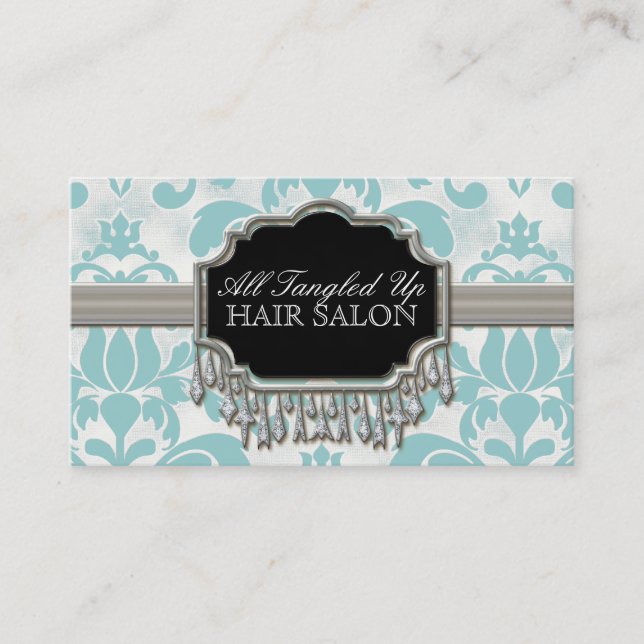 Aged Distressed Damask Silver Bling Look Wedding Business Card (Front)