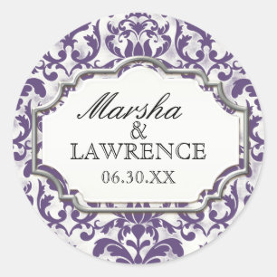 Aged Distressed Damask Silver Bling Look Wedding Classic Round Sticker