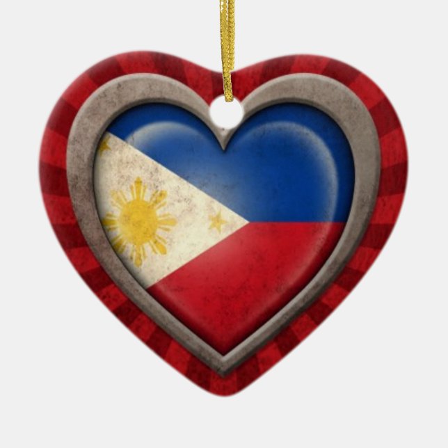 Aged Filipino Flag Heart with Light Rays Ceramic Tree Decoration (Front)