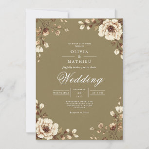 Aged Floral Frame Rustic Wedding Invitation