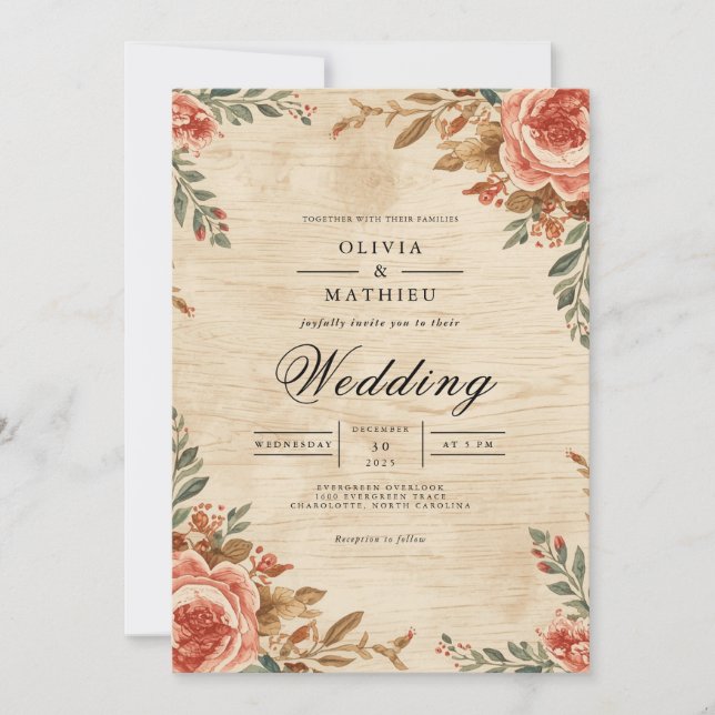 Aged Floral Rustic Romance Wedding Invitation (Front)
