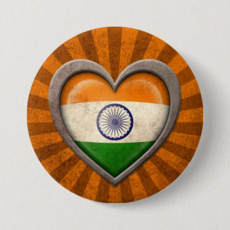 Aged Indian Flag Heart with Light Rays 7.5 Cm Round Badge