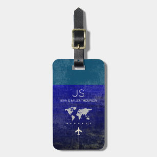 aged look world map with name / 2-tone blue luggage tag
