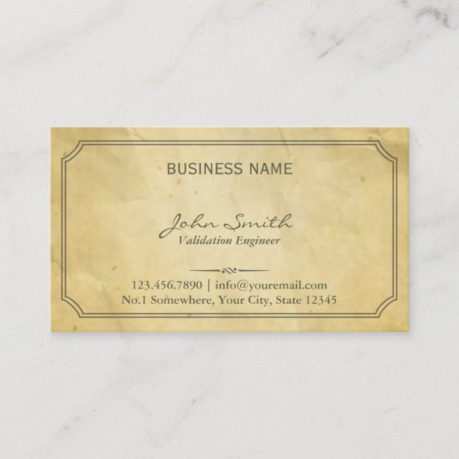 Aged Old Paper Texture Validation Engineer Business Card (Front)