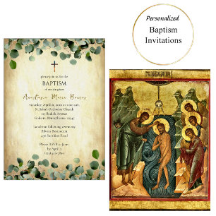 Aged Parchment and Eucalyptus Orthodox Baptism    Invitation