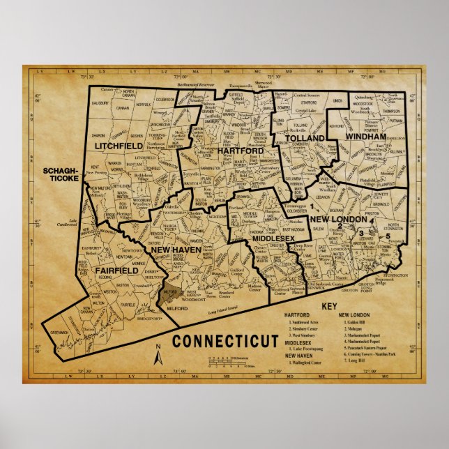 AGED PARCHMENT CONNECTICUT MAP POSTER (Front)