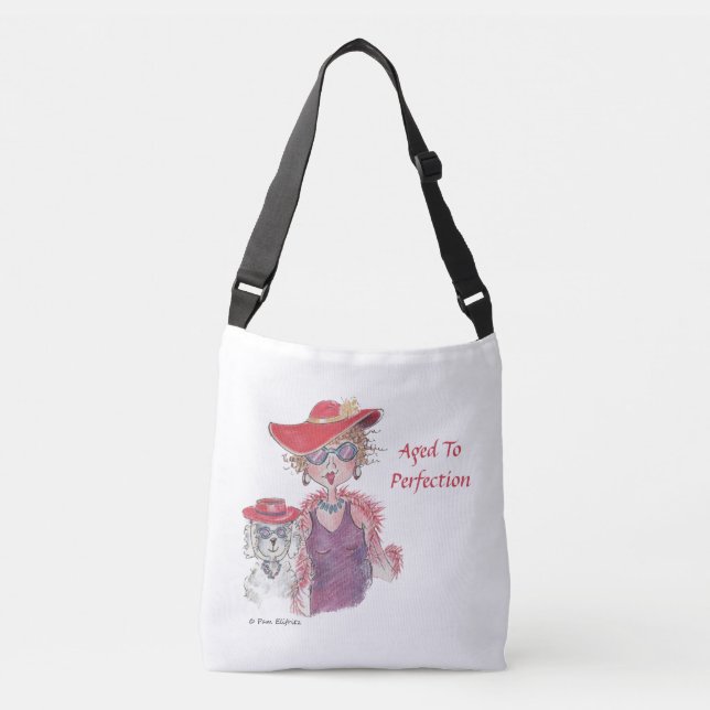Aged Red Hat Woman and Poodle Crossbody Bag (Front)