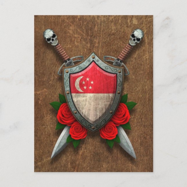 Aged Singapore Flag Shield and Swords with Roses Postcard (Front)