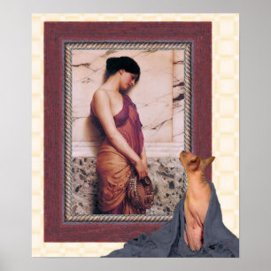 Aged Sphynx Cat and Young Godward Woman Poster