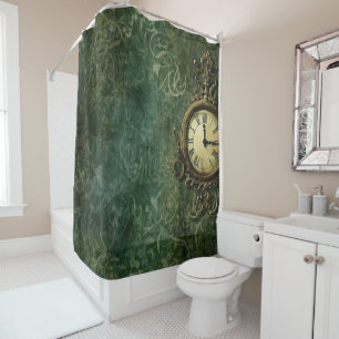 Aged Steampunk Mechanical Clockwork on Green Shower Curtain