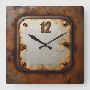 aged steel plate riveted square wall clock